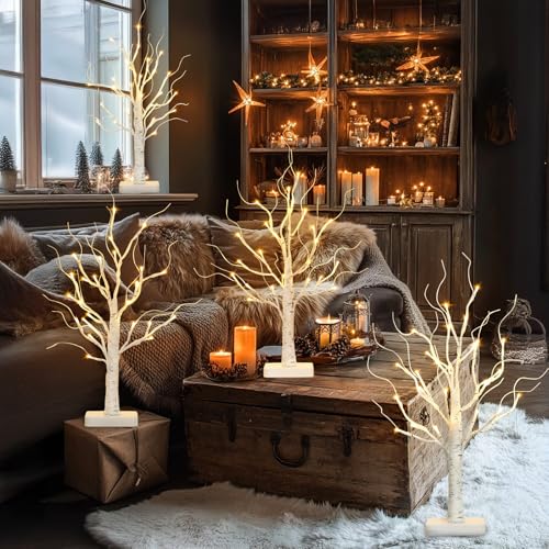 PABIPABI White Birch LED Tree Set of 4 with 24 Lights, 1ft 10in Each | Timer
