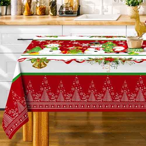 Christmas Tablecloth for Rectangle Table, Merry Christmas Tree Snowman Table Cloth 60 x 104 with Poinsettia Holiday Washable Table Cover for Dining Room Kitchen Decorations