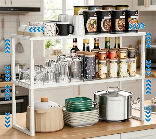 Hofususer White Stackable Kitchen Shelf Organizer 2 Pack - Heavy Duty, Adjustable, Rust-Resistant Cabinets