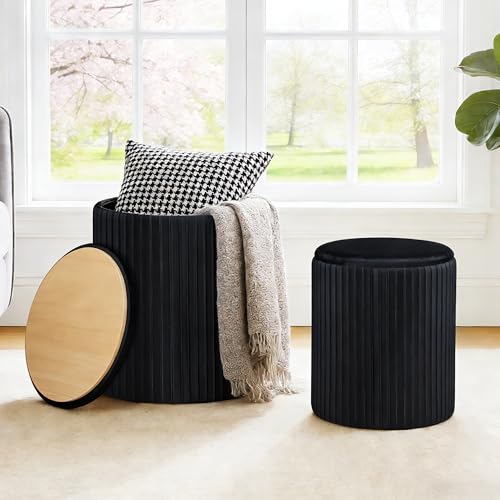 DUMOS Deep Black 14.57''D x 18.11''H Round Storage Ottoman Set of 2 - Vanity & Foot Stool