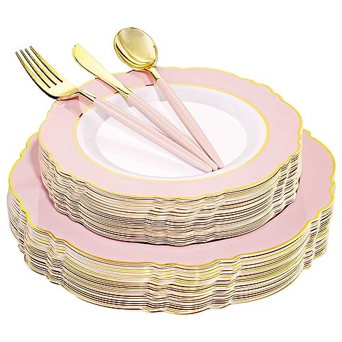 Pink Baroque Disposable Plates Set - Large & Small for Baby Shower Wedding Party