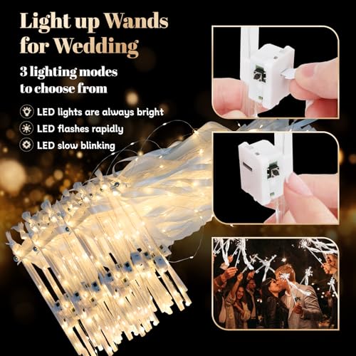 100PCS Light Up Wedding Wands with Ribbons & Bells - 3 Light Modes, Romantic Party Decor