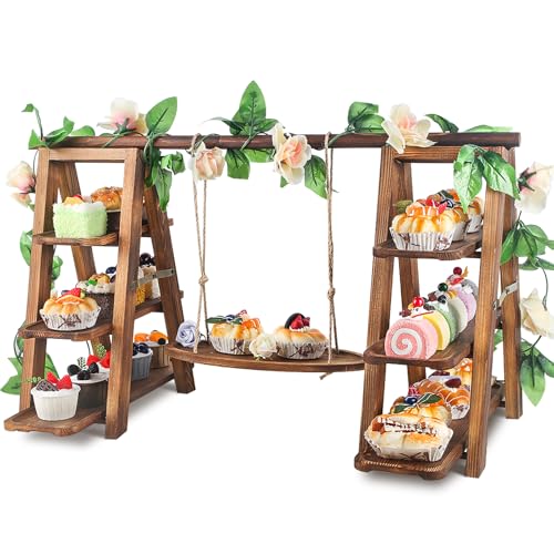 Wooden 3-Tier Cupcake Stand with Swing & Flower Decor - Brown