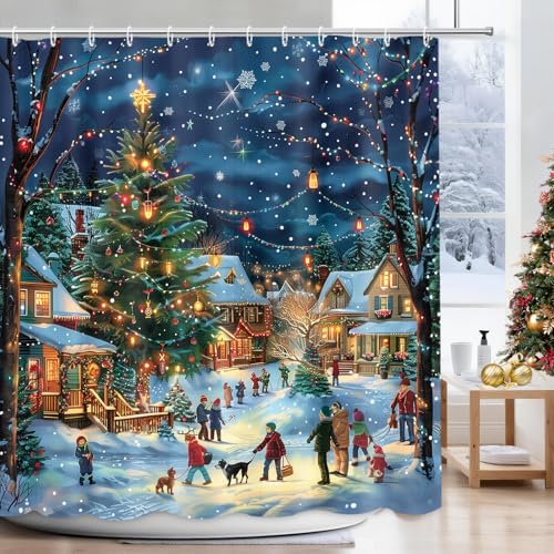 Christmas Shower Curtain Set with Hooks - 72x72in Waterproof Fabric Holiday Tree Farmhouse