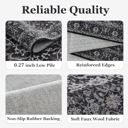 Dark 5x7 Area Rug for Living Room & Bedroom, Washable Non Slip Vintage Farmhouse Style - Midnight Variation