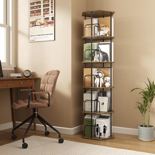 Brown 5-Tier Rotating Hexagonal Corner Bookcase - 360° Spinning Storage Tower