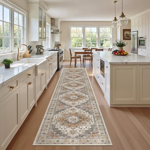 Madane Washable Runner Rug 2x12 Ft Turmeric & Grey Non-Slip Hallway Carpet