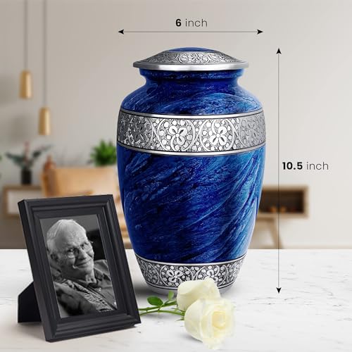 Blue Adult Cremation Urn - Large Memorial Funeral Burial Vase, 200 Cubic Inches