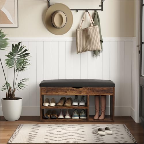 Brown 31.5-Inch Upholstered Entryway Shoe Storage Bench with Cushion