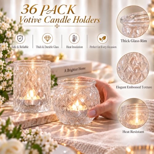 Denking 36 Pack Clear Votive Candle Holders - Mixed Cylindrical & Rounded for Centerpieces