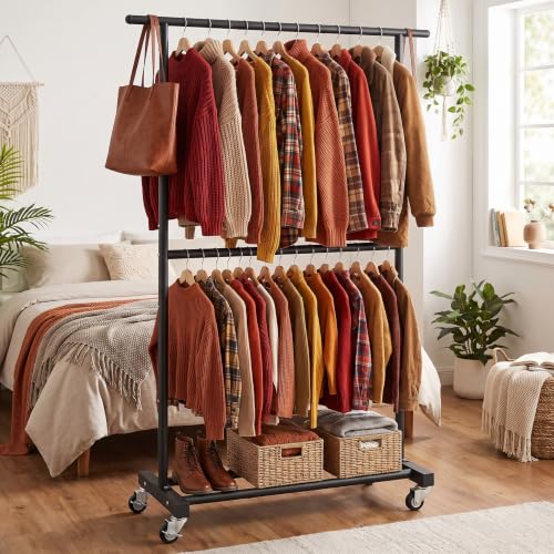 Black Double Rod Metal Clothing Rack on Wheels - 47.24" L, Portable Garment Stand with Shoe Shelf