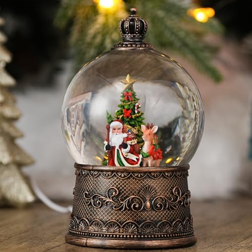 Qukulov Santa Snow Globe with Reindeer - Light Up 8-Carol Music, USB/Battery Operated
