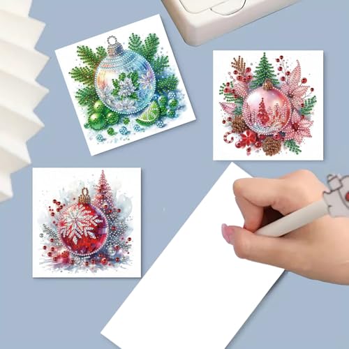 ARTopet 6Pcs DIY Folding Christmas Greeting Card Set with Diamond Art & Decoration Balls