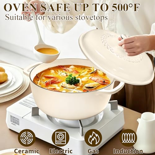 Wildone 6QT Enamel Cast Iron Dutch Oven with Lid - Cream White, Oven Safe 500°F