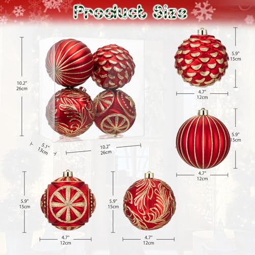 Hollyone 4.7in Red & Gold Shatterproof Christmas Ornaments - 4Pcs Round Gold Variation