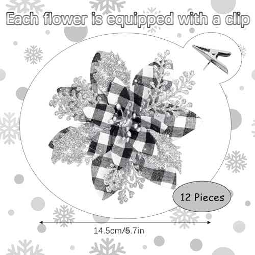 5.7 Inch Artificial Poinsettias Christmas Glitter Flowers with Clips Xmas Tree Flower Ornament Poinsettias Decor (Black and White Buffalo with Silver Petals,12 Pieces)