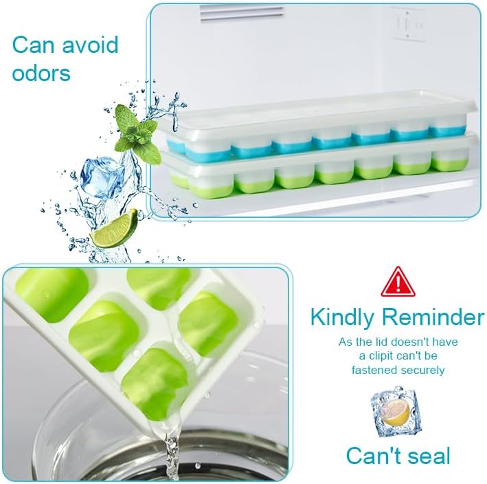 Skiennix Ice Cube Tray - Spill-Resistant Lids, Easy-Release, Stackable | 2 Packs, 28 Cubes, Green & Blue