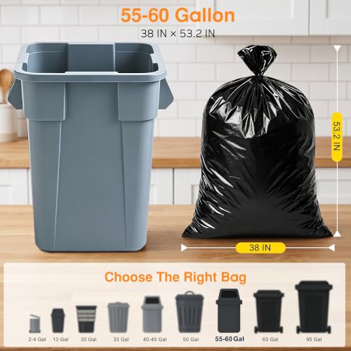 Heavy Duty Trash Bags 55-60 Gal - 100 Count, 1 Mil Thick Black Garbage Bags - ShieldTite Variation