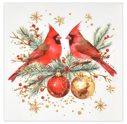 Christmas Cardinal Cocktail Napkins Set of 100, Red Bird & Ornament Design