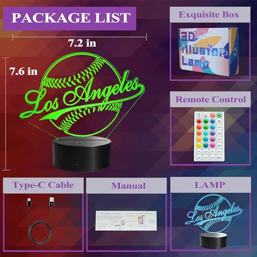 POSSHE Los Angeles Baseball Night Light – 3D Illusion Lamp, 16 Colors, Remote, RGB Flashing & Dimmable