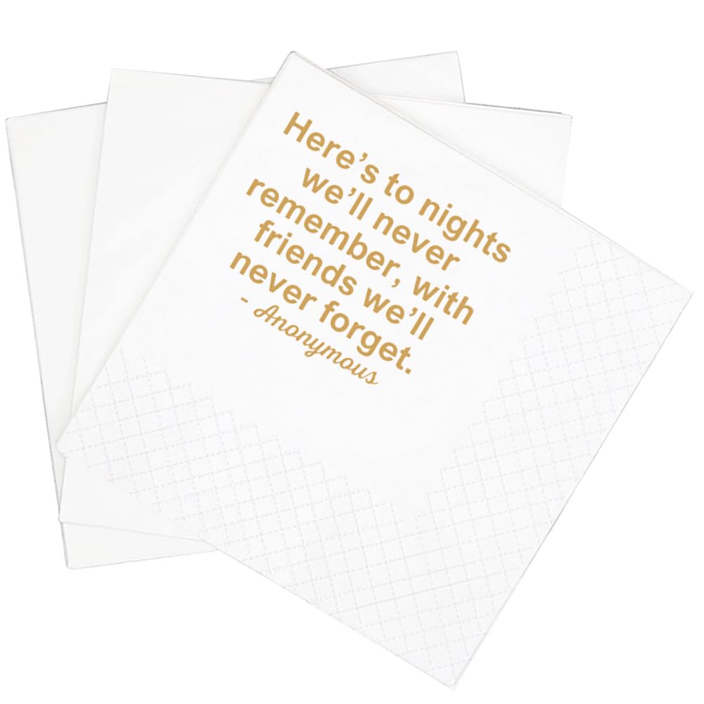 SharkBliss Funny Quotes 100 Pack Here's To Nights We'll Never Remember With Friends We'll Never Forget Cocktail Napkins For Bachelor Birthday Wedding Anniversary 2-Ply, 5x5" (Here's To Nights)