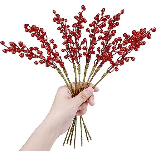 GREENTIME Artificial Red Berry Stems 8 Pack, Festive Christmas Tree Picks, Autumn Fall Home Decor and New Year's Eve Decorations Picks for Holiday Celebrations for Thanksgiving Day Halloween