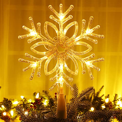 Brizled Clear Snowflake Christmas Tree Topper 9.5 inch with 10 Warm Lights
