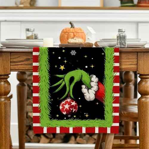 Linen Merry Christmas Table Runner, 13 x 73 in Grinch Tablecloth Xmas Winter Holiday Home Kitchen Dining Room Table Decorations (Black)