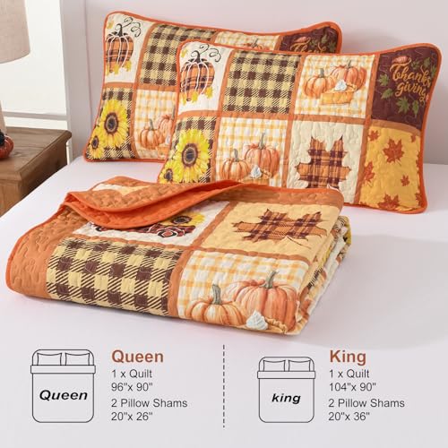 Fall Patchwork Quilt Set Queen - Thanksgiving Pumpkin & Maple Leaves Bedding