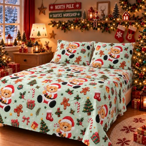 YIYEA Twin Kids Christmas Cotton Sheet Set 100% Cotton, 16" Deep Pocket, 3-Piece - Variation Sm2695