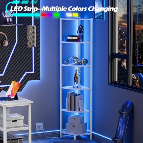 Furnulem 6-Tier Corner Shelf with LED Light - White Narrow Bookshelf