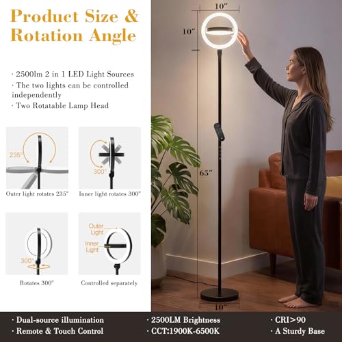 Omorepa Black LED Floor Lamp 36W 2500lm Dimmable Standing Lamp with Remote