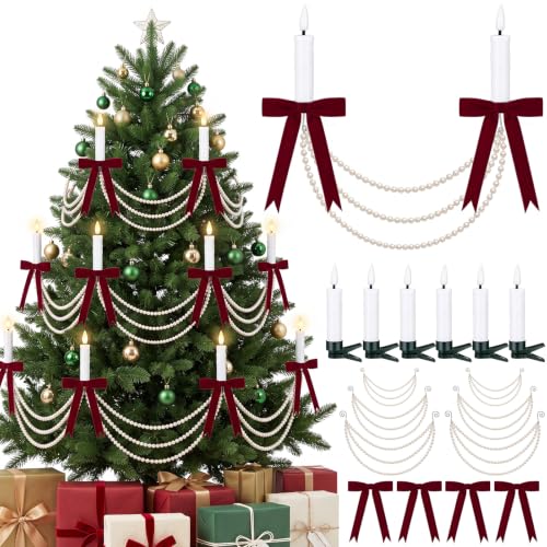 48PCS Christmas Pearl Garland & Velvet Bow Decor Set with Flameless Candles