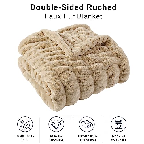 Soft Faux Fur Throw Blanket - Double Side, 50x60 Inches, Beige - Cozy Couch & Bed Decor