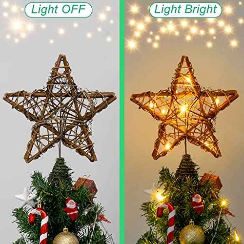 Christmas Tree Topper, Rustic Rattan Star Treetop Christmas Tree Decorations with 10 Light, Star Tree Toppers for Indoor Holiday Party Xmas Decorations