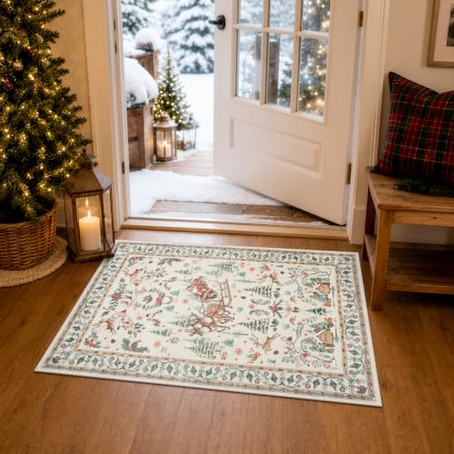 2x3 Beige Christmas Rug for Entryway, Washable Holiday Floor Mat