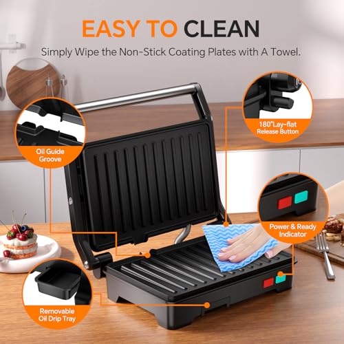 Novalife Black 3-in-1 Panini Press Grill, 1000W Electric Sandwich Maker with Non-Stick Plates, Opens 180°, Removable Drip Tray