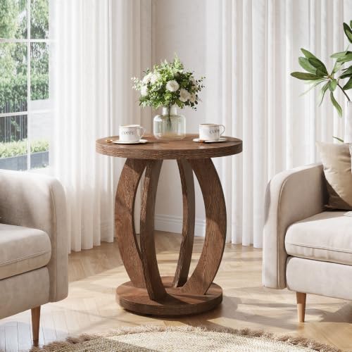Tribesigns Rustic Round End Table with Storage - Brown, 23.6 Inch