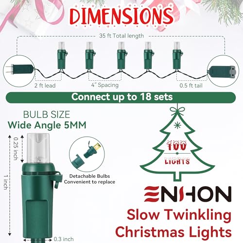 Enhon Slow Twinkling Christmas Lights 6 Pack Warm White 100 Lights 35ft – End-to-End Easy-Connect