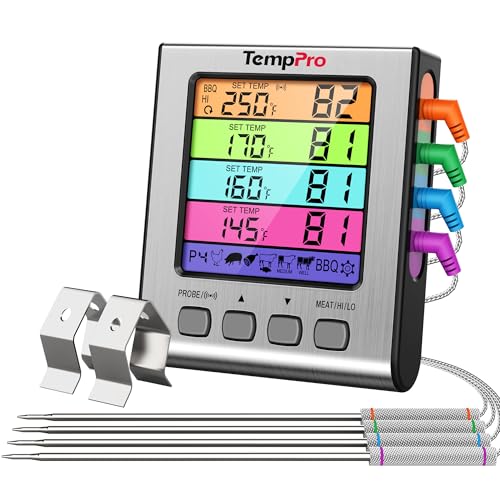 TempPro TempTrack Digital Meat Thermometer with 4 Color-Coated Probes - Accurate BBQ & Cooking