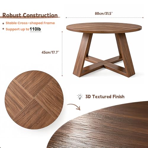 Round Coffee Table with Open Storage - Walnut Wood, Space-Saving Design