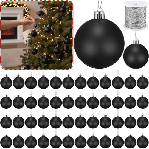 Wettarn 50 Pcs Black Christmas Ball Ornaments 2.36 Inch with Lid & Rope