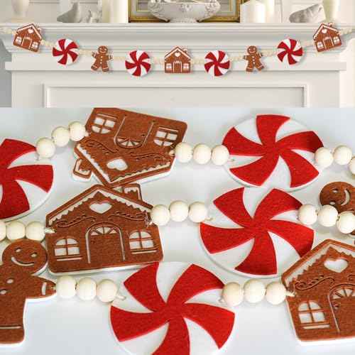 6Ft Christmas Garland - Felt Jinglebread Man & House with Wood Beads - Perfect for Indoor Decorations & Party Supply
