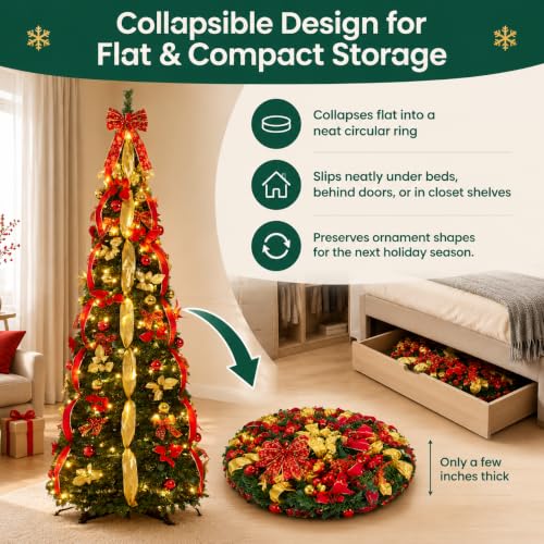 Skasii 5FT Red Pop Up Christmas Tree with LED Lights, Fully Pre-Decorated