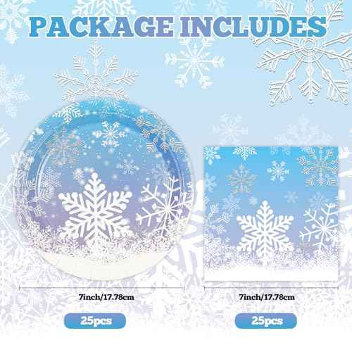 50PCS Frozen Plates and Napkins Party Decorations, 7inch Frozen Paper Dessert Plates and Napkins Disposable Winter Snowflake Tableware Sets for Christmas Winter Wonderland Party Supplies Table Decor