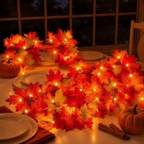 9FT Fall Garland with Lights - Connectable Outdoor Indoor Halloween Thanksgiving Decor - 2 Packs