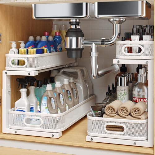 Biboraya 2 Pack Under Sink Organizer White - 19.3-inch Depth, 2-Tier Pull-Out Storage, Height Adjustable, Rust-Resistant Kitchen & Bathroom Cabinet Organizer