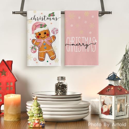 Artoid Mode Pink Gingerbread Christmas Kitchen Towels Set of 4 18x26 Inches