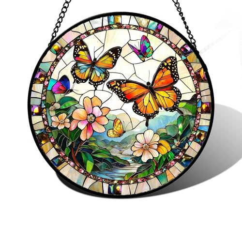 DASTOLL 12-Inch Golden Yellow Butterfly and Flowers Stained Glass Window Suncatcher