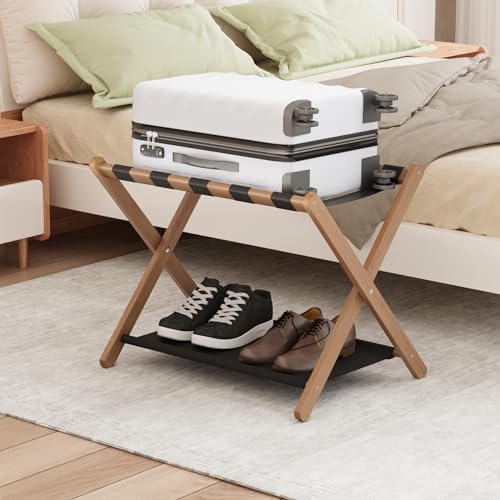 Smuxee Walnut Bamboo Foldable Luggage Rack with Storage Shelf for Guest Room & Hotel – 1 Pack